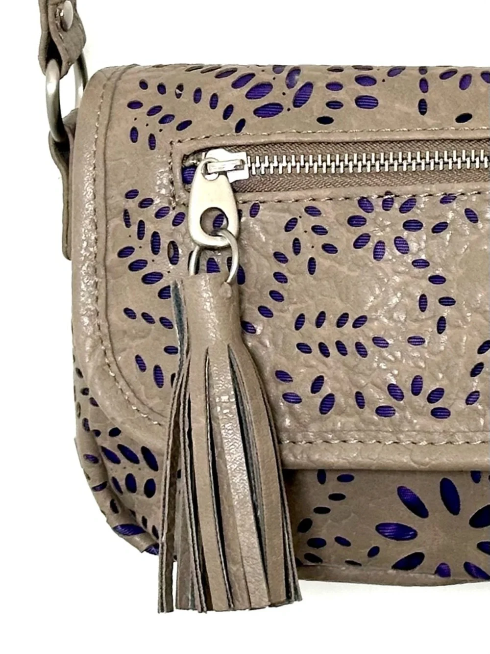 Kensie Girl Taupe Laser-Cut Mini Crossbody Bag with Purple Accent